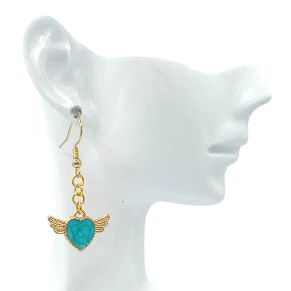Blue Winged Heart Dangle Earrings – Cute Y2K Jewelry - Picture 2 of 3